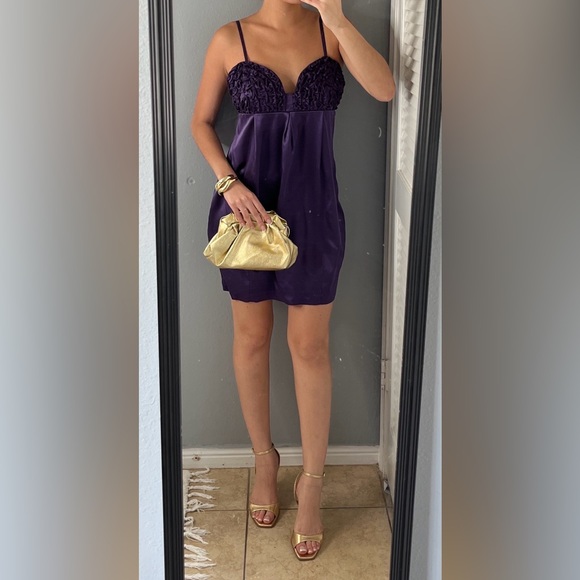 Purple satin babydoll ruched bust mini dress M Y2K party coquette Balletcore - Picture 1 of 13